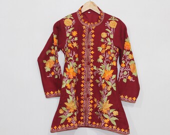 Kashmiri Wool Jacket, Chainstitch Embroidery, Multicolour Embroidered Short Coat, Winter Jacket For women