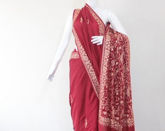 Handmade Maroon Crepe Kashmiri Saree, Tilla Embroidery, Indian Sari With Blouse
