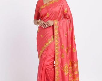 Handcrafted Crepe Saree: Kashmiri Aari Embroidery, Multi-Color