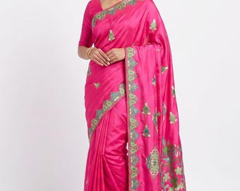 Handmade Kashmiri Aari Embroidered Crepe Saree with Blouse