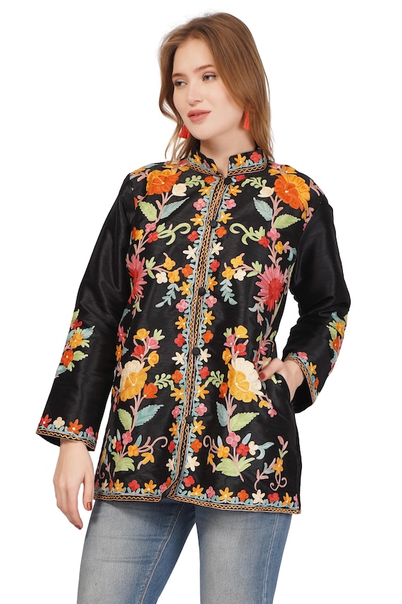 Buy Handmade Kashmiri Floral Embroidered Silk Jacket: Boho Short