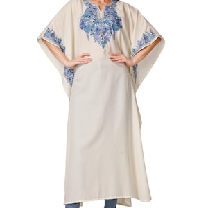 Embroidered Cotton Kaftan: Women&#39;s Boho Floral Tunic Dress