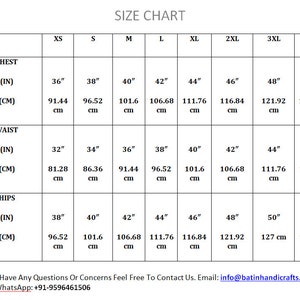 May include: Size chart for clothing with measurements in inches and centimeters. The chart shows chest, waist, and hip measurements for sizes XS to 4XL.