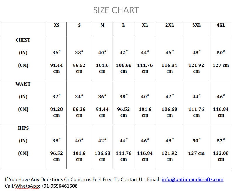 May include: Size chart for clothing with measurements in inches and centimeters. The chart shows chest, waist, and hip measurements for sizes XS to 4XL.