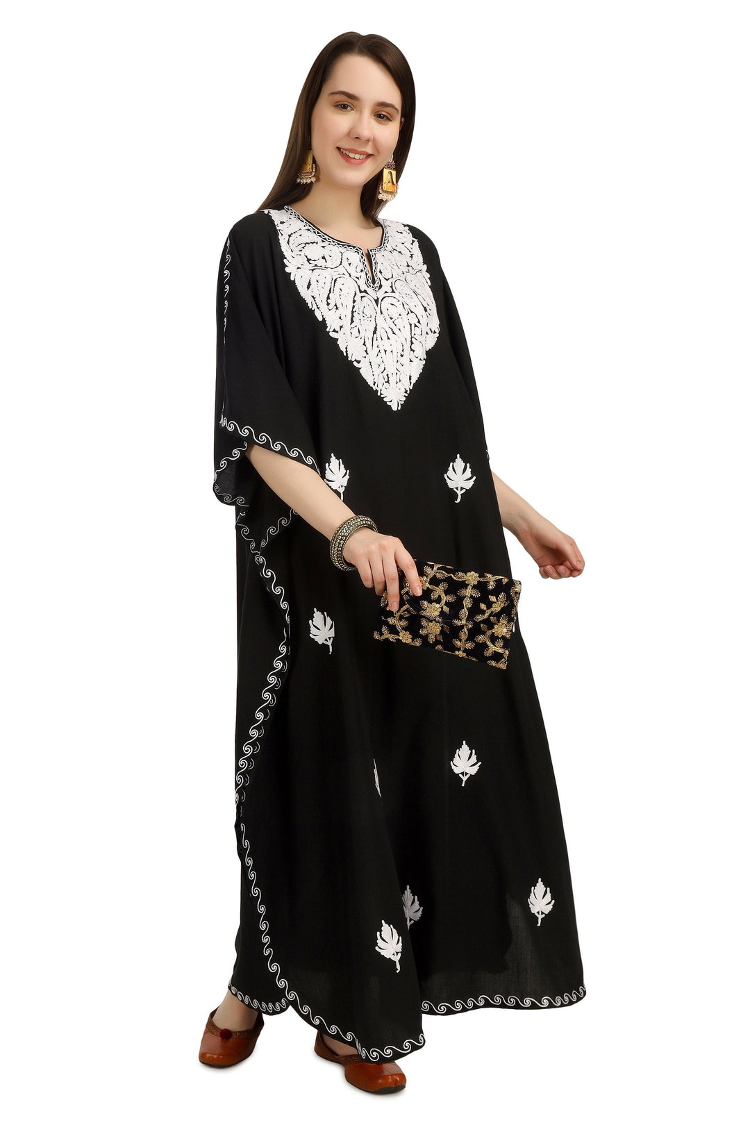 Cotton Kaftan with Kashmiri Aari Embroidery - Sea Green