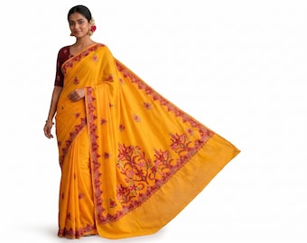 Handmade Kashmiri Aari Embroidered Crepe Saree with Blouse