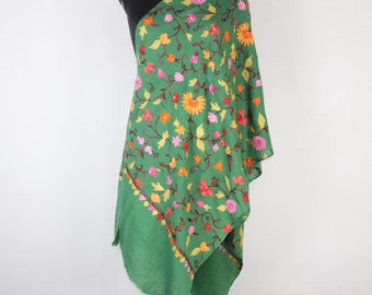 Handmade Green Woolen Aari Embroidered Kashmiri Stole - Premium Merino Wrap for Elegant Style
