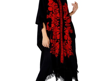 Kashmiri Aari Embroidered Wool Cape Shawl, Floral Poncho