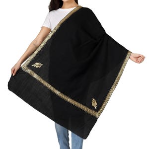 Gold Tilla Hand Embroidered Indian Purewool Stole, Kashmiri Handmade Scarf