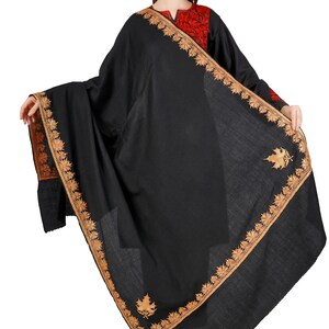 Kashmiri Merino Wool Shawl: Black Tilla Embroidery Wrap