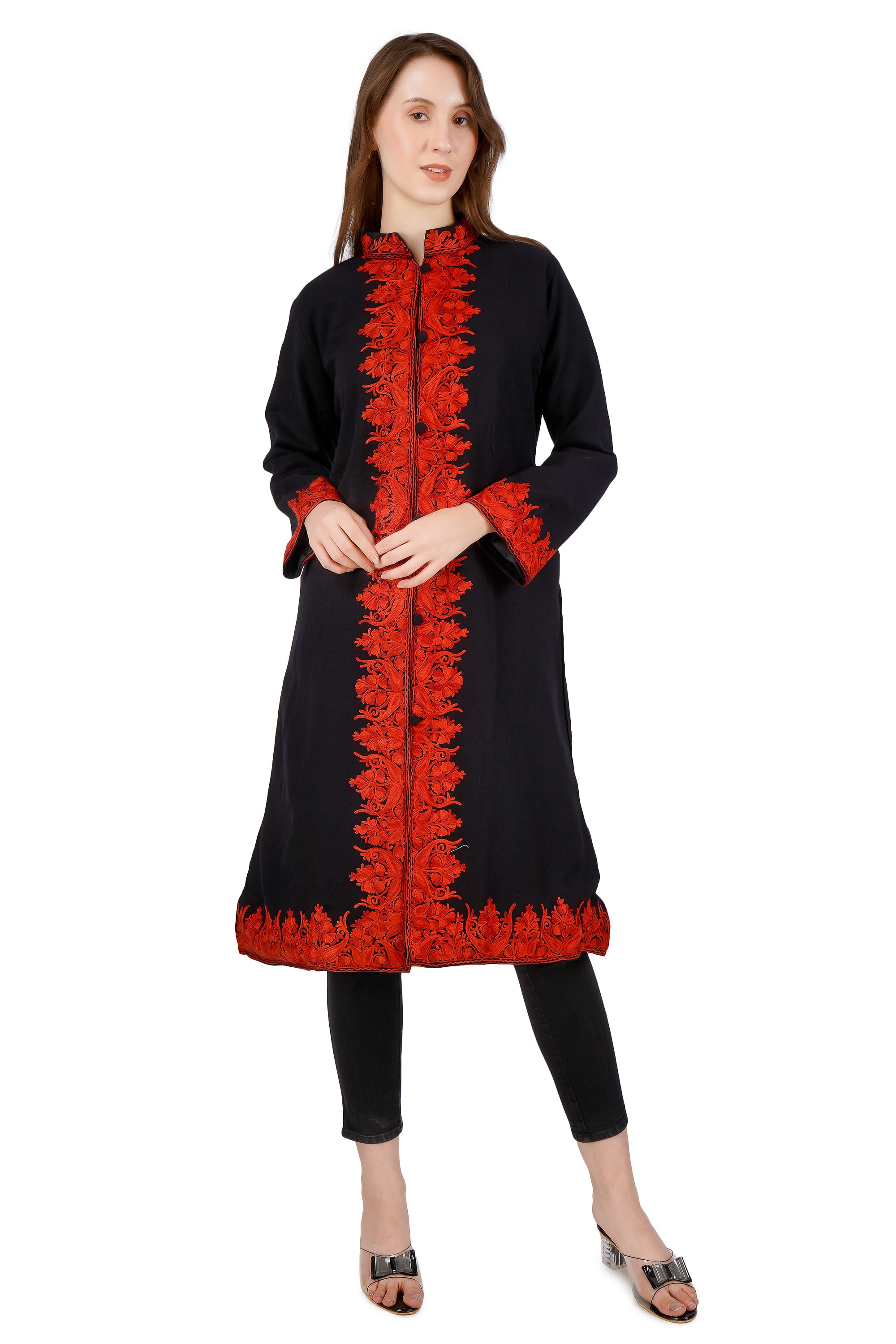 Kashmiri Aari Embroidered Long woollen Jacket, Winter Coat For Women, Paisley Indian Jacket