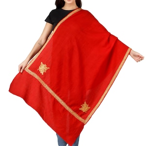 Gold Tilla Hand Embroidered Indian Purewool Stole, Kashmiri Handmade Scarf