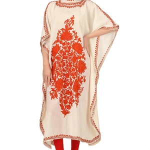 Handmade Merino Wool Kaftan: Kashmiri Aari Embroidery, Bohemian Maxi Dress