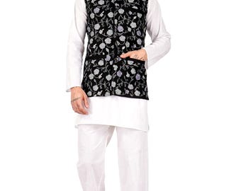 Handmade Kashmiri Aari Embroidered Nehru Jacket: Floral Modi Waistcoat