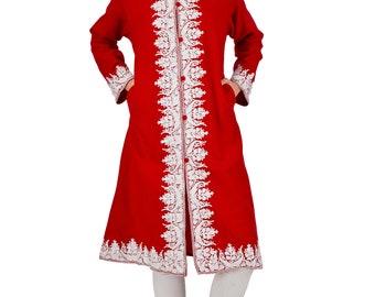 Kashmiri Aari Embroidered Long woollen Jacket, Winter Coat For Women, Paisley Indian Jacket