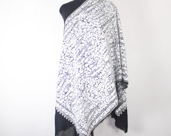 Kashmiri Stole, Fine Merino Wool Aari Embroidered Kashmiri Stole, Handmade Stole, Woolen Scarf, Embroidered Wraps, Black Scarf,