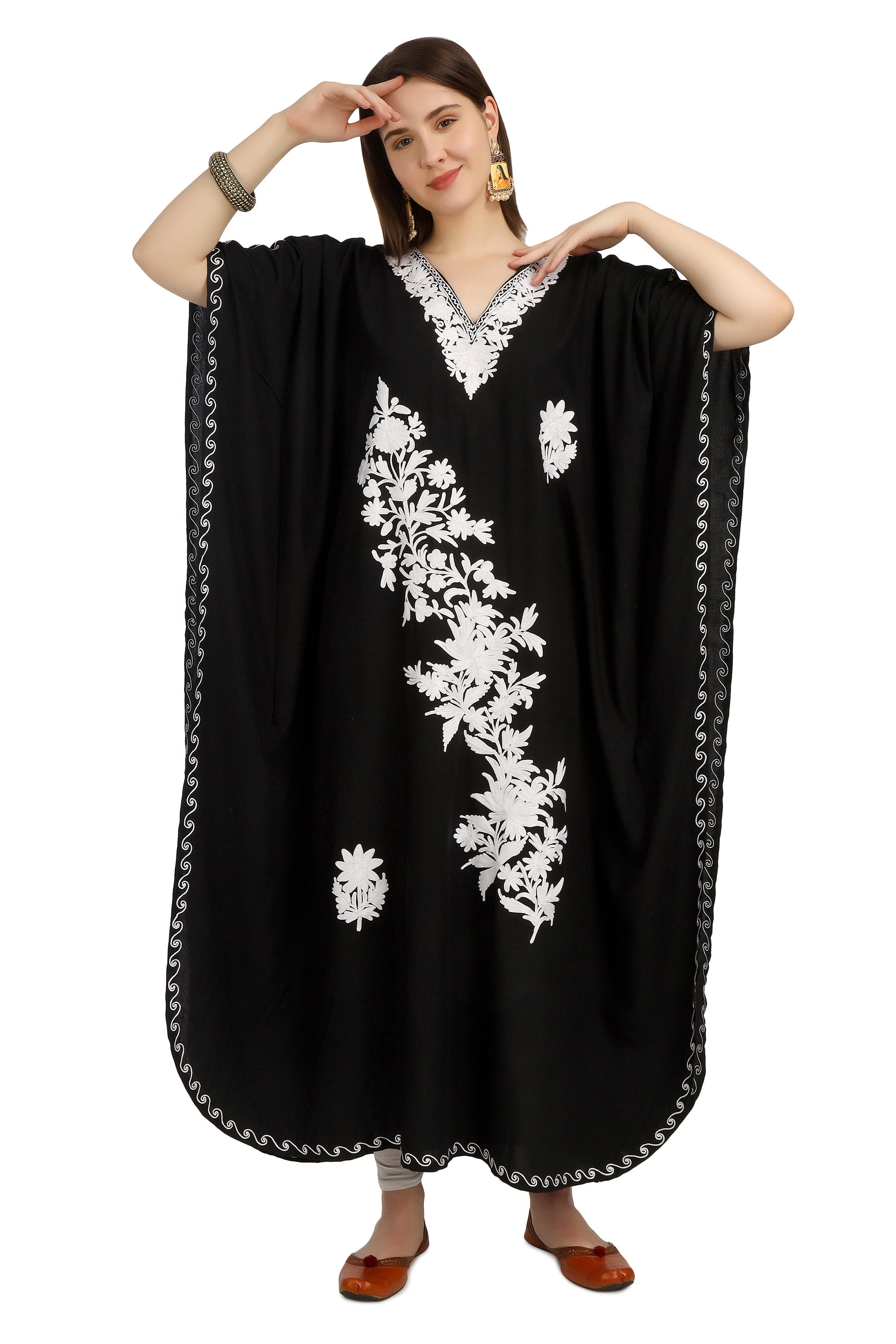 Kashmir Gallery Women Kashmiri Kaftan Nightgown Maxi with Kashmiri Charming Embroidery Free Size