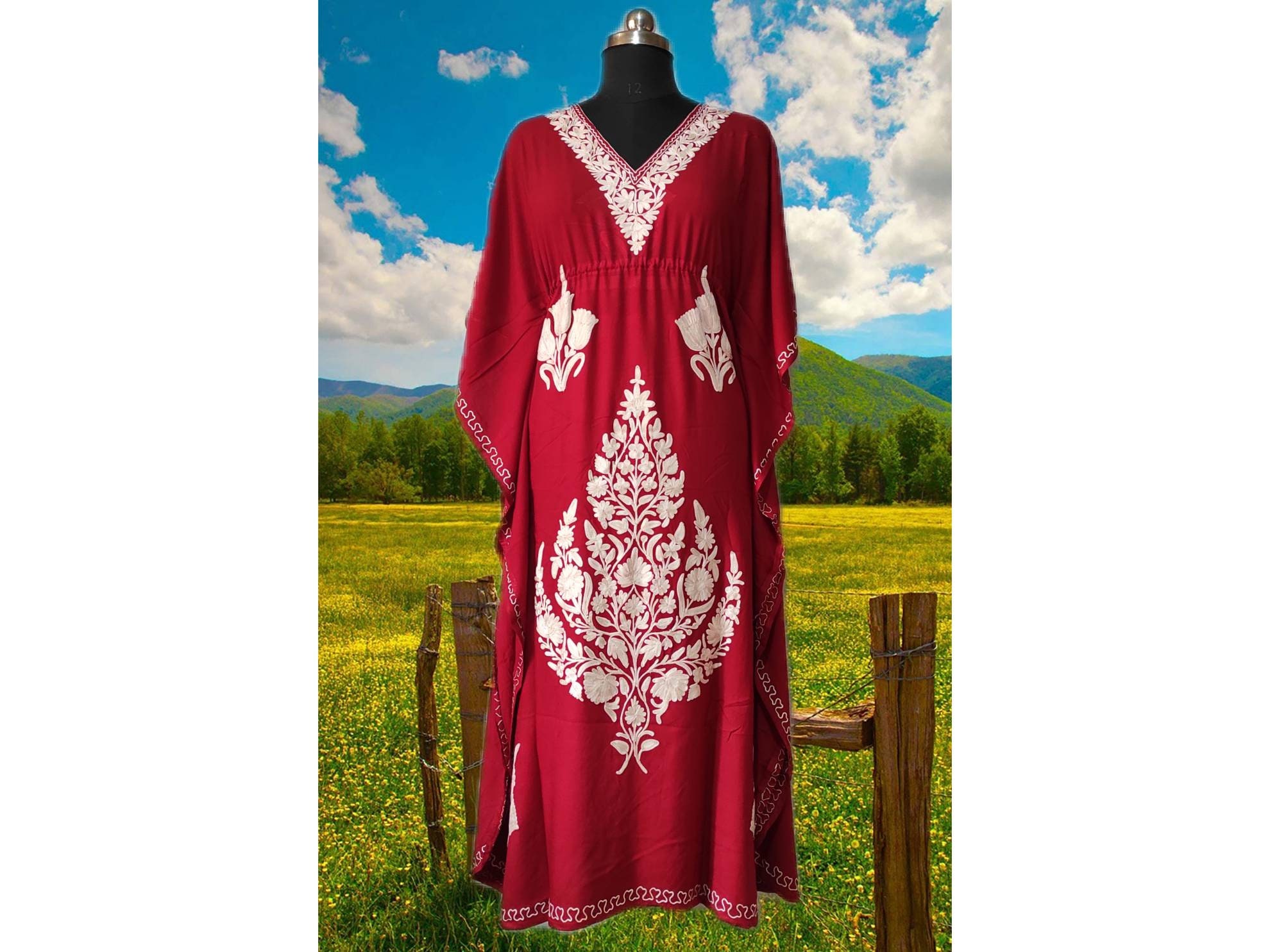 Kashmiri Aari Embroidered Cotton Kaftan for Women, Handmade Kaftan Dress  for Girls, Cotton Maxi Dress for Summers, Maroon Kaftan 