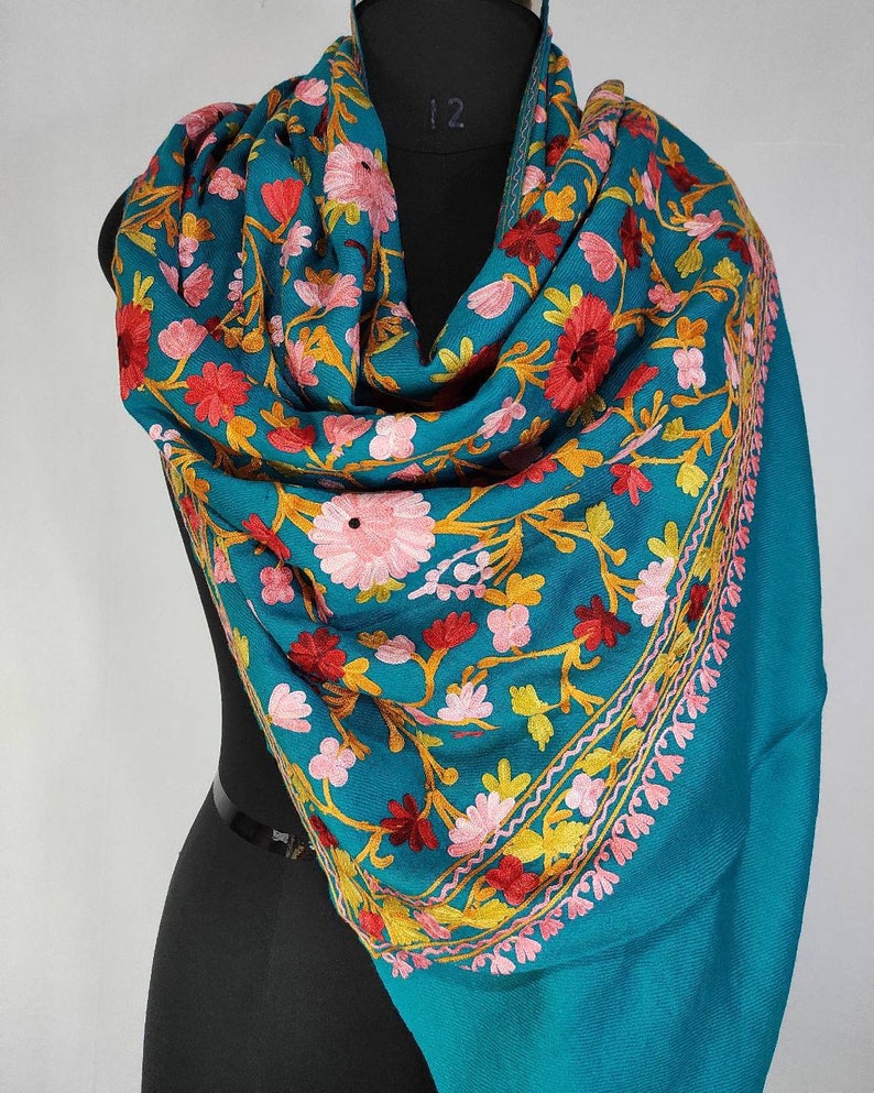 Kashmiri scarf fine merino wool aari embroidered stole | Etsy