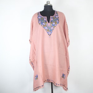 Handmade Merino Wool Kaftan: Kashmiri Aari Embroidery, Bohemian Maxi Dress