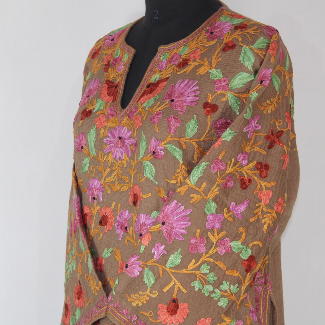 Brown - Handwoven Aari Hand Embroidered Kashmiri Pure Wool Pheran 07