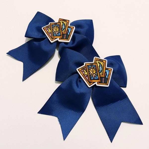 Navy Blue Hair Bows With Tarot Card Flatback Image (Spiritual, Magic, Sun, Moon)