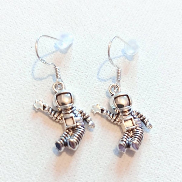 Astronaut Earrings. Silver Coloured Metal Charms. 925 Silver Hooks.