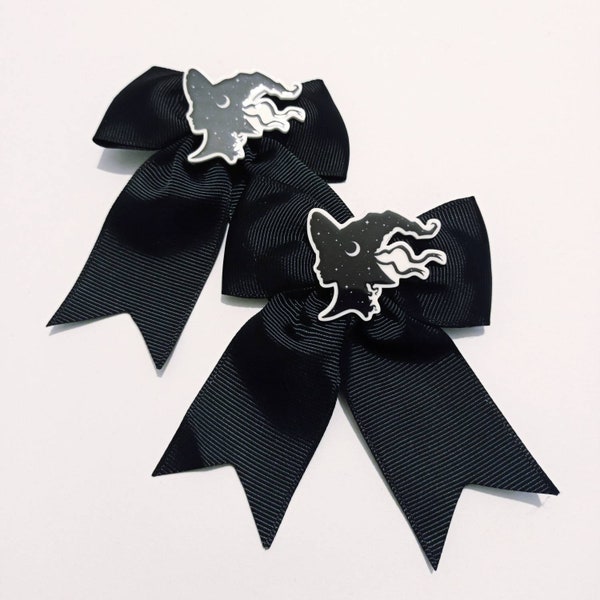 Black Hair Bows With Start Night Witch Flatback Image (Spiritual, Magic, Sun, Moon)