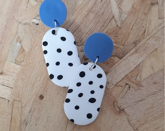 Dalmatian spot pill shaped earrings - oval earrings - spotty clay earrings - black and white spot earrings - customisable stud colour