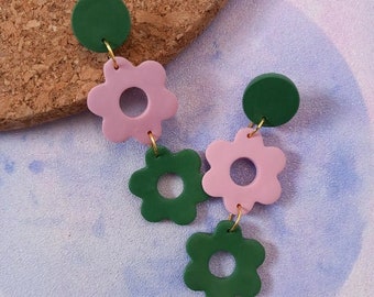 Polymer clay double drop daisy earrings - pink and green earrings - flower earrings