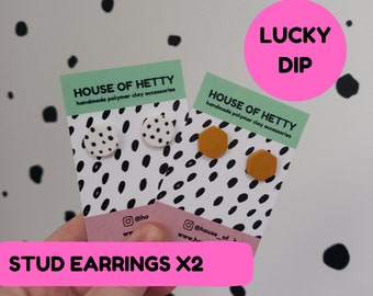 Polymer clay earrings surprise lucky dip box. Containing 2 pairs of colourful stud earrings!