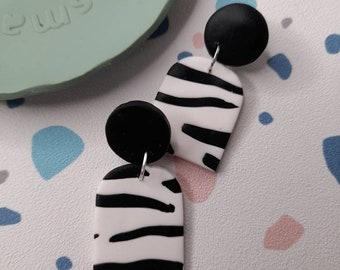 Polymer clay zebra print dangle earrings - animal print earrings - monochrome earrings - arch dangle earrings