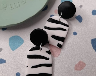 Zebra Print Polymer Clay Dangle Earrings: Monochrome Arch Design