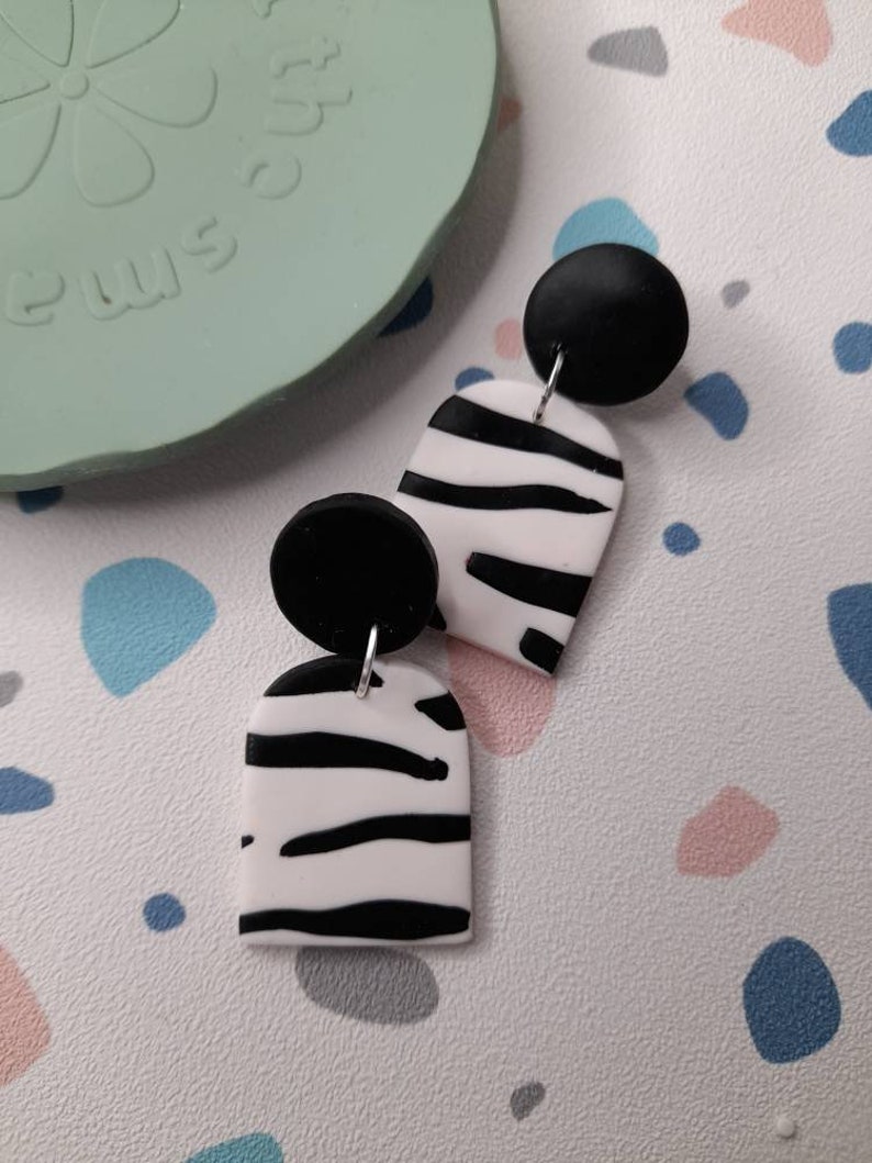 Polymer clay zebra print dangle earrings animal print earrings monochrome earrings arch dangle earrings image 1
