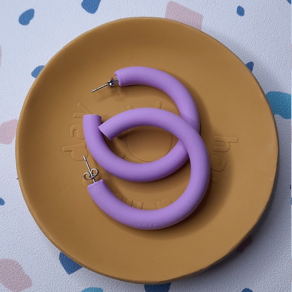 Handmade Lilac Polymer Clay Hoop Earrings: Lightweight Funky Jewelry