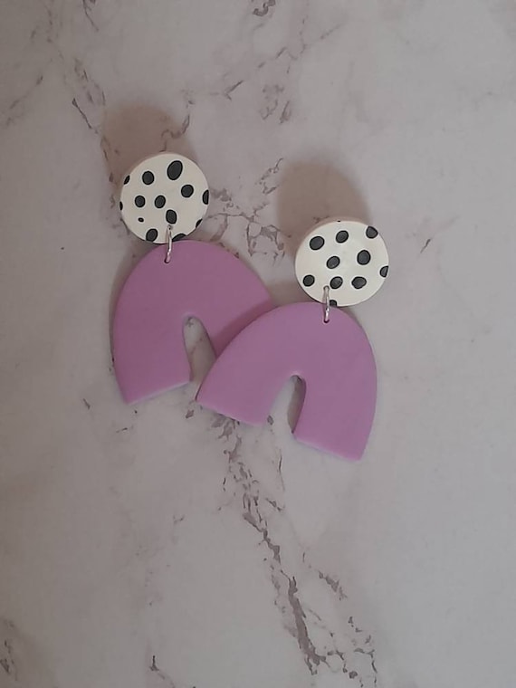 Polymer clay dangle earrings - large arch dalmatian spots and lilac earrings