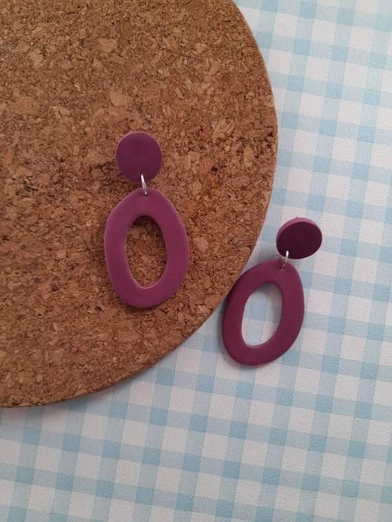 Purple berry organic oval earrings - autumn earrings  - polymer clay earrings - block colour earrings - donut earrings