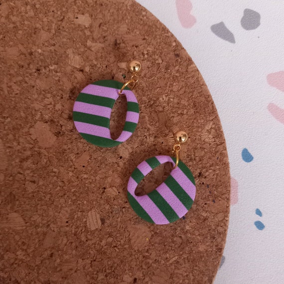 Cut out circle stripey polymer clay earrings