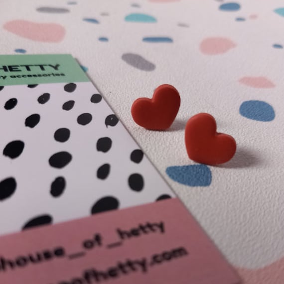 small red love heart polymer clay stud earrings - valentines gift - valentines earrings