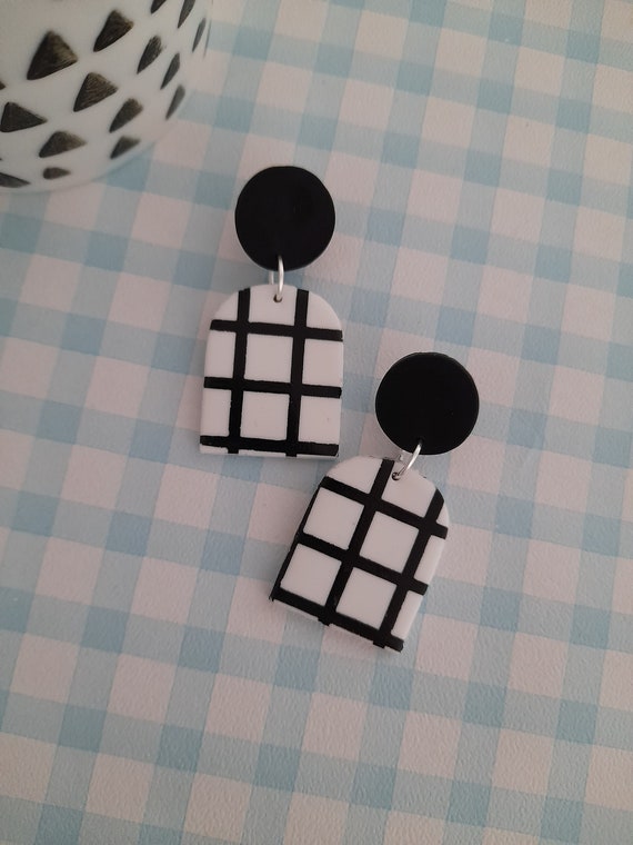 Black and white grid pattern polymer clay medium arch earrings