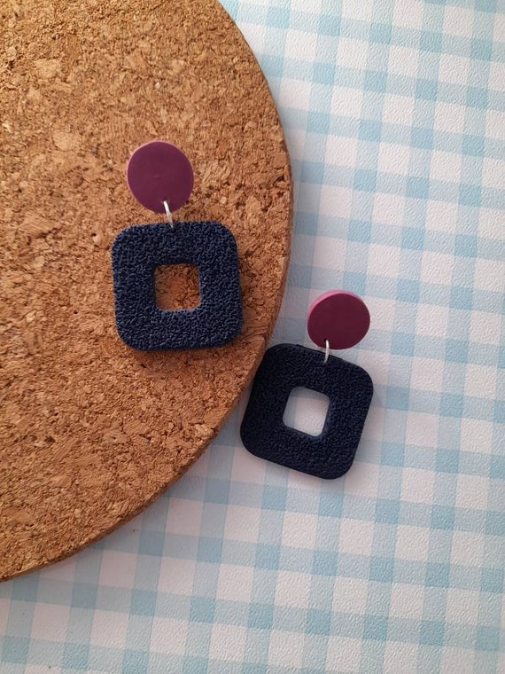 Retro square textured block colour dangle polymer clay earrings - autumn colours - navy and berry earrings