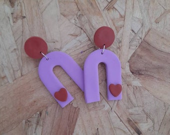 Polymer clay love heart design thin arch dangle earrings