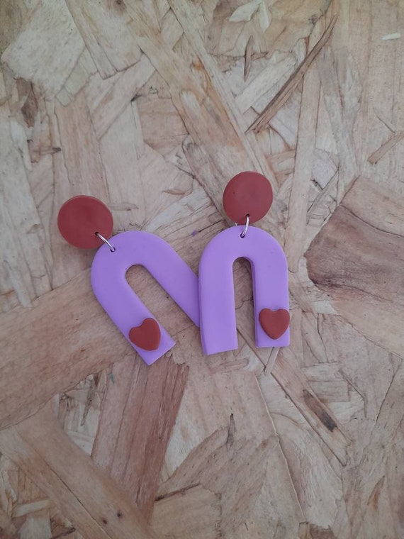 Polymer clay love heart design thin arch dangle earrings