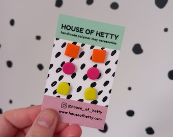 Neon Polymer Clay Stud Set: Geometric Block Earrings