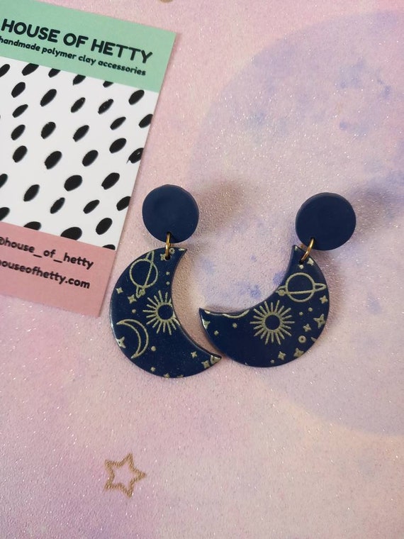 Celestial space pattern polymer clay crescent moon shaped earrings