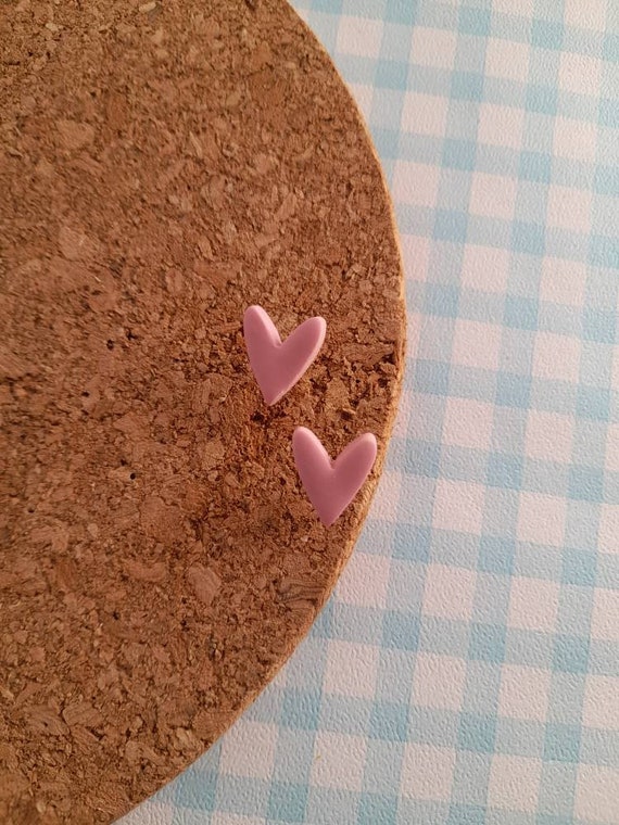 Dusty light pink heart shaped stud earrings - autumn earrings  - polymer clay earrings - block colour earrings