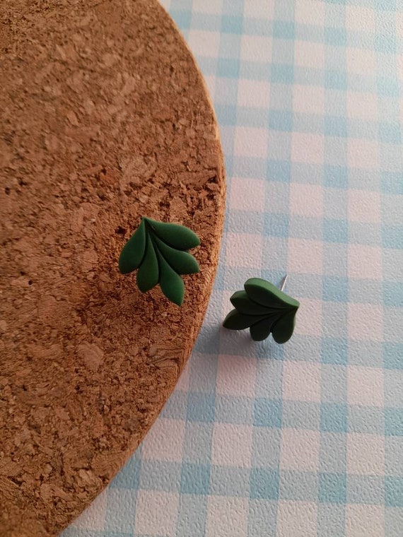 Dark green leaf shaped stud earrings - autumn earrings  - polymer clay earrings - block colour earrings