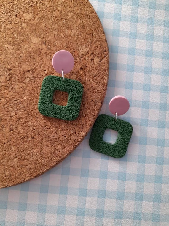Retro square textured block colour dangle polymer clay earrings - autumn colours - green and pink earrings