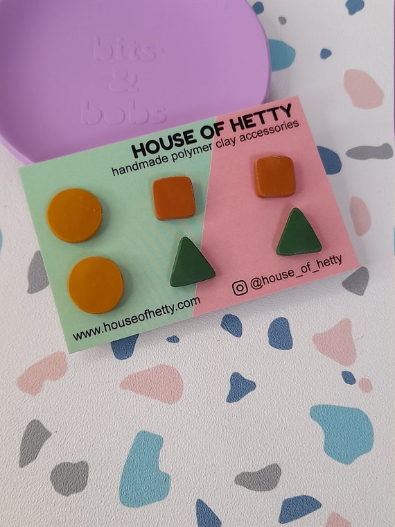 Polymer clay geometric stud pack - autumnal polymer clay earrings - orange, mustard, green