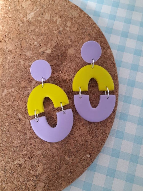 Polymer clay double drop lilac and lemon dangle earrings